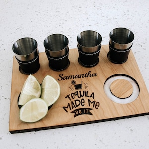Personalized Tequila Made Me Do It Shot Board, Tequila Serving Tray with Shot Glasses, Custom Alcohol Gifts
