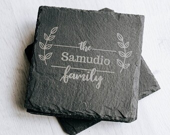 Personalized Family Gift Ideas - Black Slate Stone Coasters Set of 4 - Gift for Dad, Mom - Square Coasters