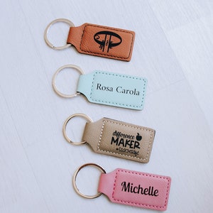 Custom Name Keychain in Brown, Pink, Teal Blue Leatherette, Personalized Name Intial Key Chain