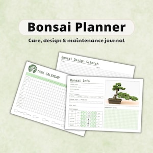Puede incluir: Un conjunto de páginas de papel blanco para un planificador de bonsái. La página superior dice "Bonsai Planner" y "Care, design & maintenance journal". Las páginas incluyen un calendario de tareas, un boceto de diseño y una hoja de información de bonsái.