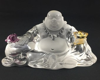 Handmade ~ Laughing Buddha Maitreya w/green Toad White-Liuli Crystal Glass FengShui Ornament Office Home Decoration Birthday Gift- 琉璃金蟾彌勒佛