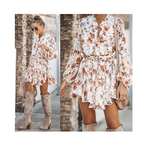 Fashion Ladies' Dress - S~XL Floral strap summer dresses women ruffle pleated elegant holiday loose beach shirt mini dress boho