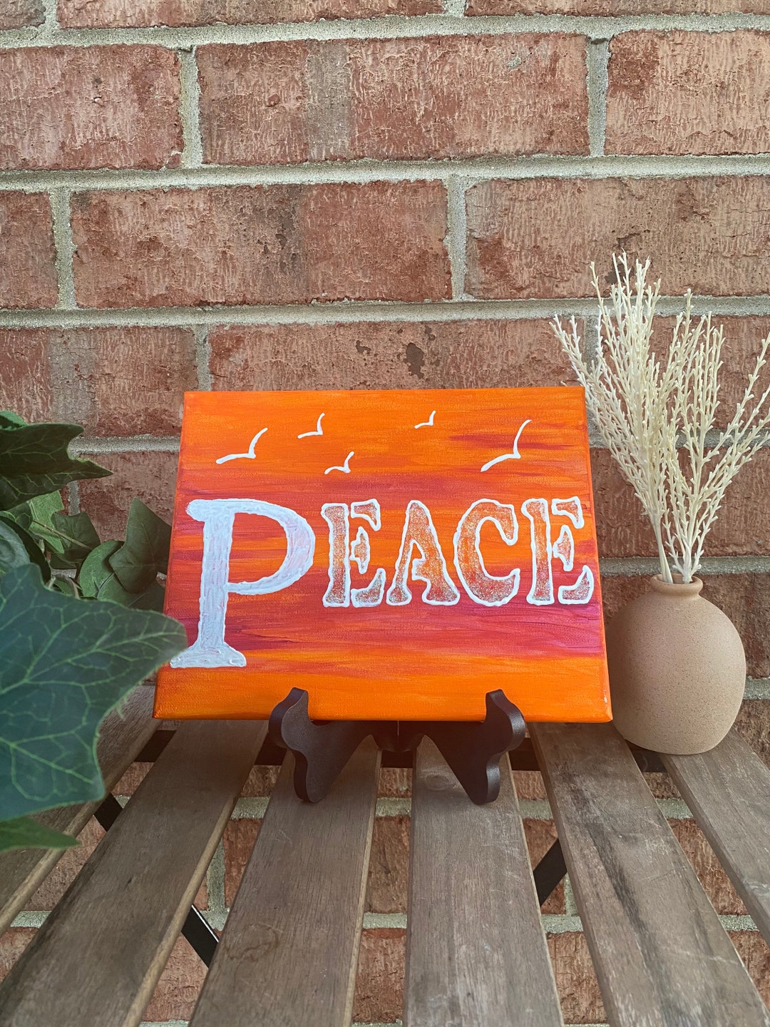 Handmade Inspirational Canvas Painting peace Orange Burgundy White