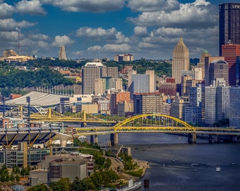 Pittsburgh City of Bridges Canvas art Decor View from west end featuring Science Center Acrisure Stadium on the way to Cathedral of Learning