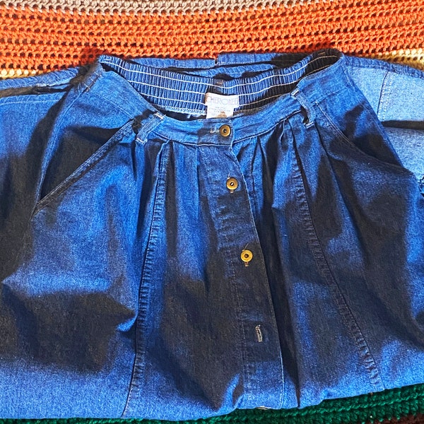 SALE 1980's Vintage Cherokee Pleated Denim Skirt - Long Denim Skirt - Made in USA - Teacher Skirt - Size 12 - Please read description