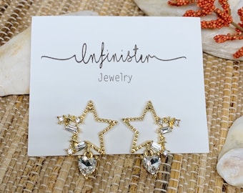 Star Earrings with Crystal heart dropping • Gold Plated Earrings • Cute Earrings • Fashion earrings • Dangle drop earrings