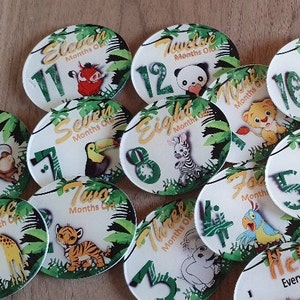 Disque des ÉTAPES du mois BÉBÉ - plaque de faire-part BONJOUR - thème mignons animaux de la jungle - cadeau de baby shower.