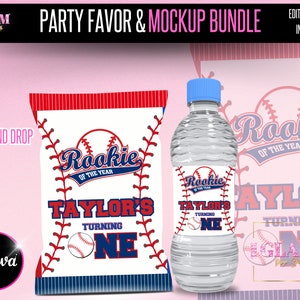 Mini Bundle Rookie of The Year Geburtstagsfeier bearbeitbar Baseball Party Favors, Chip Tasche & Wasserflasche Geburtstagsvorlagen Canva editable, diy