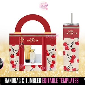 Plantilla y tutorial para caja de regalo de bolso con diseño de cereza roja, plantilla de bolso, plantilla de bolso DIY, caja de regalo de bolso de diseñador, Canva para madres solteras, archivo PNG