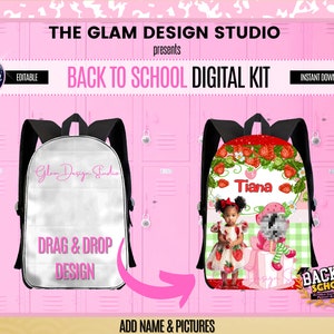 Kit de création numérique éditable pour la rentrée scolaire, cartable, sac à dos, lot numérique éditable sur toile, cartable à crayons, kit de sublimation de sac à lunch