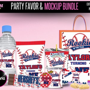Mega Bundle Rookie des Jahres Geburtstagsfeier bearbeitbar Baseball Gastgeschenke, Chip Tasche, Geburtstagsvorlagen Canva editierbar, diy Gastgeschenke