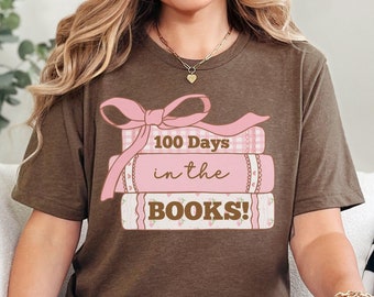 100th Day of School Teacher Shirt, Teacher 100 Days in the Books T-Shirt, Reading Teacher Librarian Tee, Coquette Bow Group Teacher Shirt