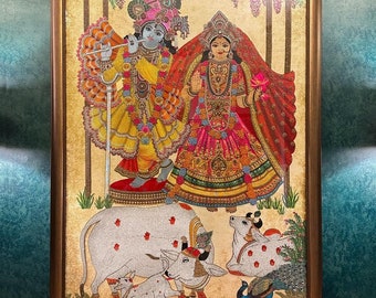 Divine Couple RadhaKrishna Handmade Embroidered Precious Bejewelled Art from India, Home House Puja Living Temple Room Luxury Wall Decor