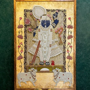 Lord Shrinathji - Precious Bejewelled Hand Embroidered Pearl work Artwork for Luxury Hindu Home Office Puja Living Room Wall Art Decor