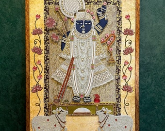 Lord Shrinathji - Precious Bejewelled Hand Embroidered Pearl work Artwork for Luxury Hindu Home Office Puja Living Room Wall Art Decor