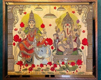 Goddess Gaja Lakshmi & Lord Ganesha Handmade Embroidered Precious Bejewelled Artwork for Religious Gift Home Office Temple Puja Room Decor