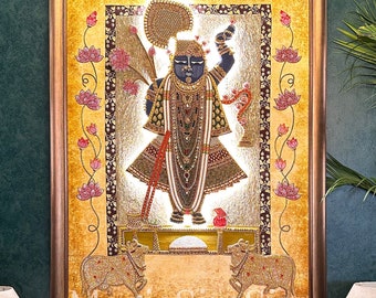 Shrinathji Nathdwara Precious Bejewelled Hand Embroidered Pearl work Artwork for Luxury Hindu Home Office Puja Living Room Wall Art Decor