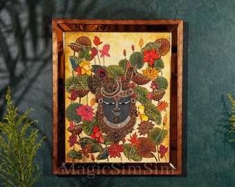 Shrinathji in lotus forest, Precious bejewelled 3D artwork made by age-old adornment hand embroidery art for home house office wall decor