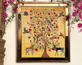 Handmade Bespoke Luxury Artwork from India “Pushpvriksh” Flowers Tree Art Decor for home made with unique Indian Embroideries on Pure Silk