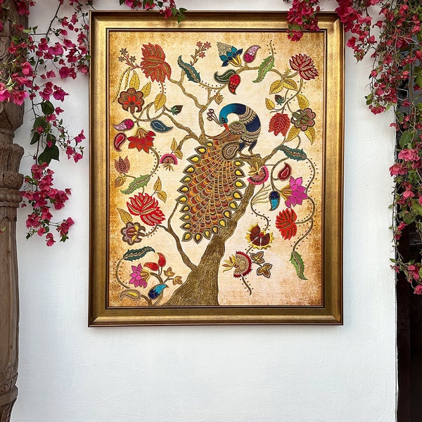 Handmade Bespoke Luxury Artwork from India “Mayura” Peacock Art Decor for Home & Office made with unique Indian Embroideries on Pure Silk