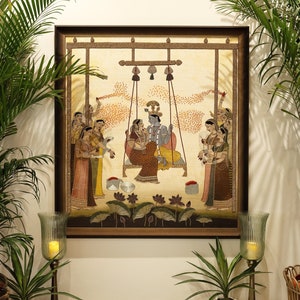Holi Hindola, Shri Krishna & Radha Rani Playing Holi in Barsane, Handmade Embroider Artwork For a Feature Wall in Home Decor