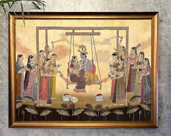 Radha Rani & Shri Krishna jugando Holi en Barsane, obra de arte Bejeweled bordada a mano para la decoración de la pared de la habitación del templo Puja del hogar religioso