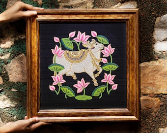 India Art Hand Embroider & Needlepoint Work Wall Décor Of Hindu God Kamdhenu Cow | Spiritual Meditation Prayer Room Hanging Gift