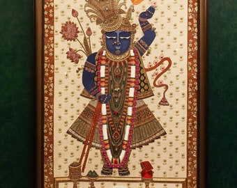 Regal Shrinathji Precious Bejewelled Hand Embroidered Artwork from India, Luxury Hindu Home Office Living Room Wall Art Decor Free Shipping