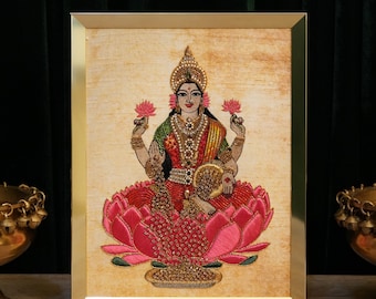 Goddess Mahalakshmi Handmade Embroidered Framed Precious Bejewelled Art in a Gift Box, Hindu Deity of Wealth & Prosperity for Home Office