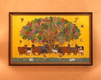 Akshayvata, the sacred immortal tree of life - Precious Bejewelled Handmade Embroidered Wall Art for spiritual meditation home office decor