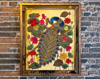 Precious bejewelled artwork "Mayura in Lotus Forest" made through age-old adornment embroidery art in India for luxury home office décor