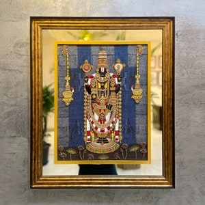 Lord Tirupati Balaji Bejewelled Handmade Embroidered Artwork On Pure Silk Fabric For Spiritual Religious Prayer Puja Room Home House Decor