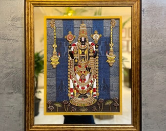 May include: A framed artwork depicting a Hindu deity, Lord Balaji, in a colorful and ornate design. The deity is standing with multiple arms and is adorned with jewels and flowers. The frame is gold and has a mirror-like finish.