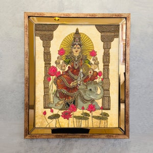 Goddess Gaj Lakshmi Handmade Embroidered Bejeweled Wall Art work India Hindu Deity of Wealth Prosperity Religious Gift New Home Office Decor