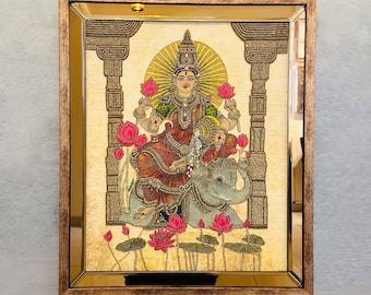 Goddess Gaj Lakshmi Handmade Embroidered Bejeweled Wall Art work India Hindu Deity of Wealth Prosperity Religious Gift New Home Office Decor