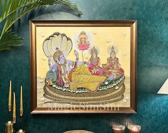 Ananthasayanam – Lord Vishnu with Goddess Sridevi Bhudevi & Lord Brahma Precious Bejewelled Hand Embroidery Wall Art For Spiritual Religious