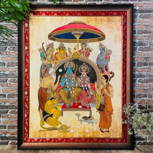 Shri Ram Abhishek Darbar Handmade Embroidered Art With Semi Precious Crystals, Indian Kundans & Metallic Thread For Religious Spiritual Home