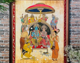 Shri Ram Abhishek Darbar Handmade Embroidered Art With Semi Precious Crystals, Indian Kundans & Metallic Thread For Religious Spiritual Home