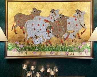 Gokula Precious bejewelled artwork of cows with calf made through age-old hand embroidery art techniques for Home Office Living Room Decor