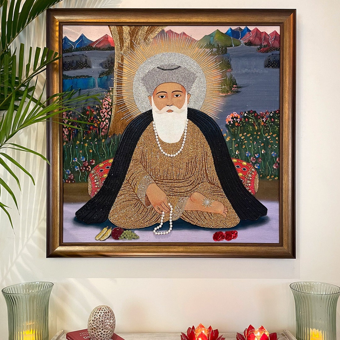 Guru Nanak Dev Ji Handmade Original Embroidered Artwork for Religious Sikh Sikhism Punjabi Home 