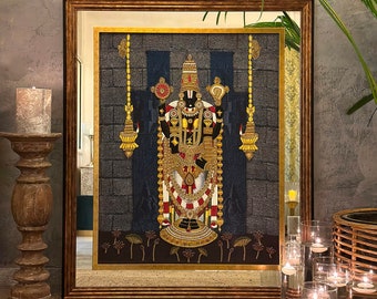 Lord Balaji Big Size Wall Artwork, Handmade Embroidered Bejewelled Art From India For Religious Home House Puja Temple Room Decor & Gift