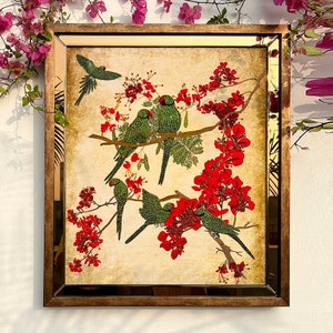 Handmade Bespoke Luxury Artwork from India “Sukh Shari Rupkatha” Parrots Art Decor for Home made with unique Indian Embroideries on Silk
