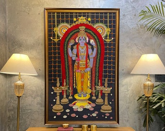 Lord Guruvayurappan / Guruvayoorappan Handmade Precious Bejewelled Art For Home Office Living Room Wall Decor & Puja Prayer Temple Artwork