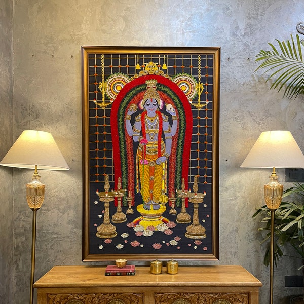 Lord Guruvayurappan / Guruvayoorappan Handmade Precious Bejewelled Art For Home Office Living Room Wall Decor & Puja Prayer Temple Artwork