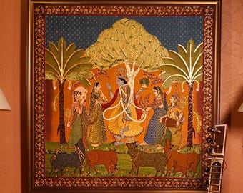 Vasant Ragani - Lord Krishna Celebrating Spring Festival with Gopis, Hand Embroidered Precious Bejewelled Artwork for Home Office Decor