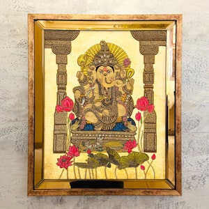 Ganesha Hindu God Original Embroidered Bejeweled Wall Artwork, Auspicious Occasion New Born Home Office Wedding Housewarming Religious Gift