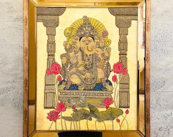 Ganesha Hindu God Original Embroidered Bejeweled Wall Artwork, Auspicious Occasion New Born Home Office Wedding Housewarming Religious Gift