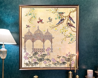 Precious bejewelled artwork Songbirds & Blooms made by age-old adornment hand embroidery techniques for home house office feature wall Décor