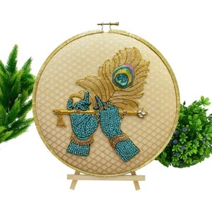 Lord Krishna Hands Flute & Feather. Handmade Hoop Art Embroidery of Hindu God of Love Artwork For Spiritual Puja Prayer Room Home Décor