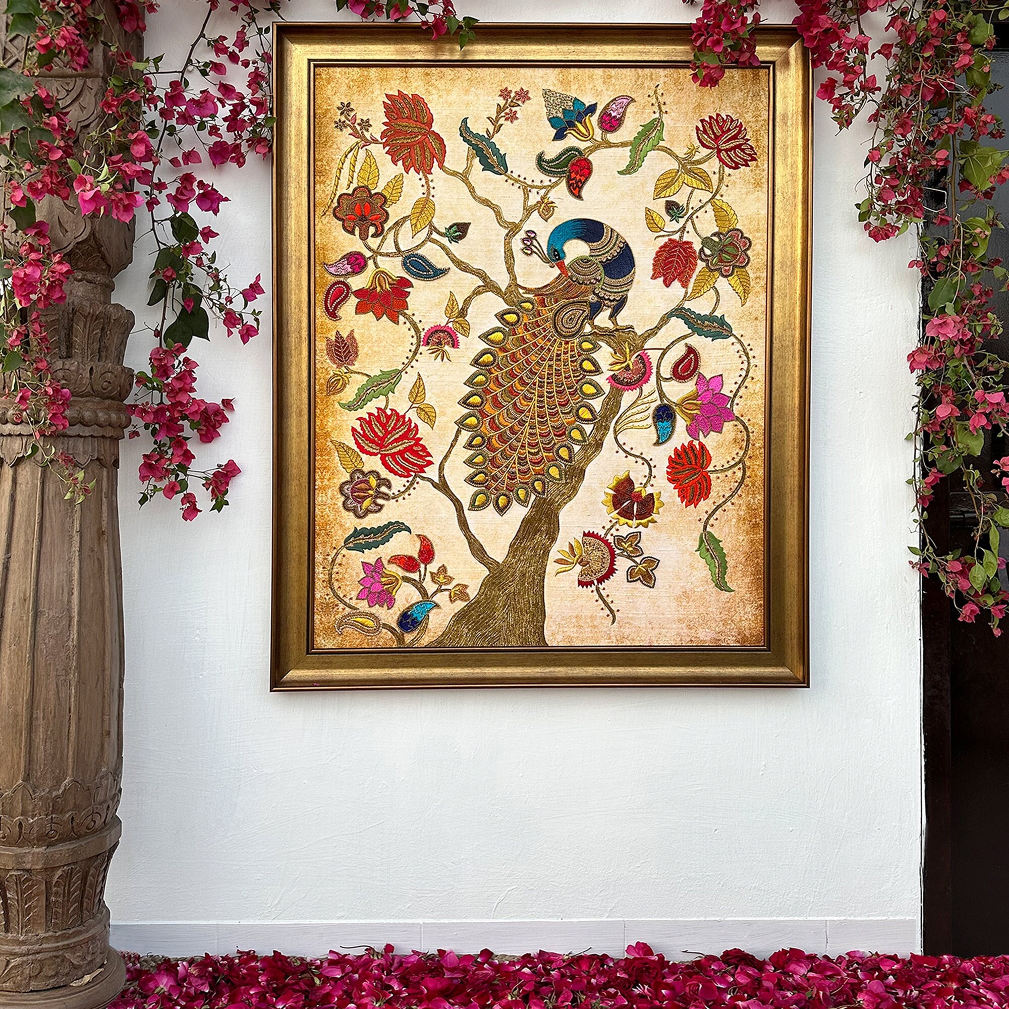 Handmade Bespoke Luxury Artwork from India “Mayura” Peacock Art Decor for Home & Office made with unique Indian Embroideries on Pure Silk